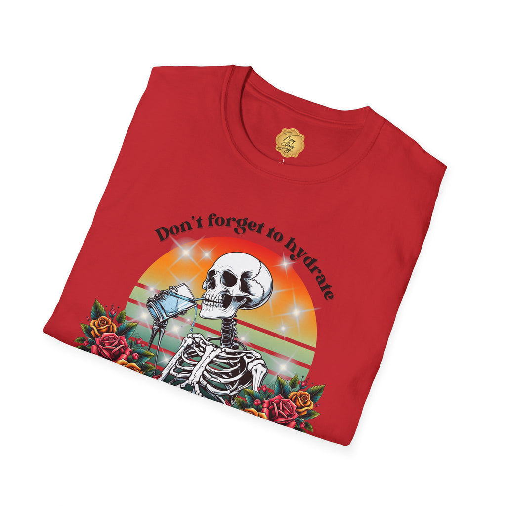 Skeleton Drinking Water T-Shirt — "Don't Forget to Hydrate and Mind Your Own Business" Retro Floral Tee