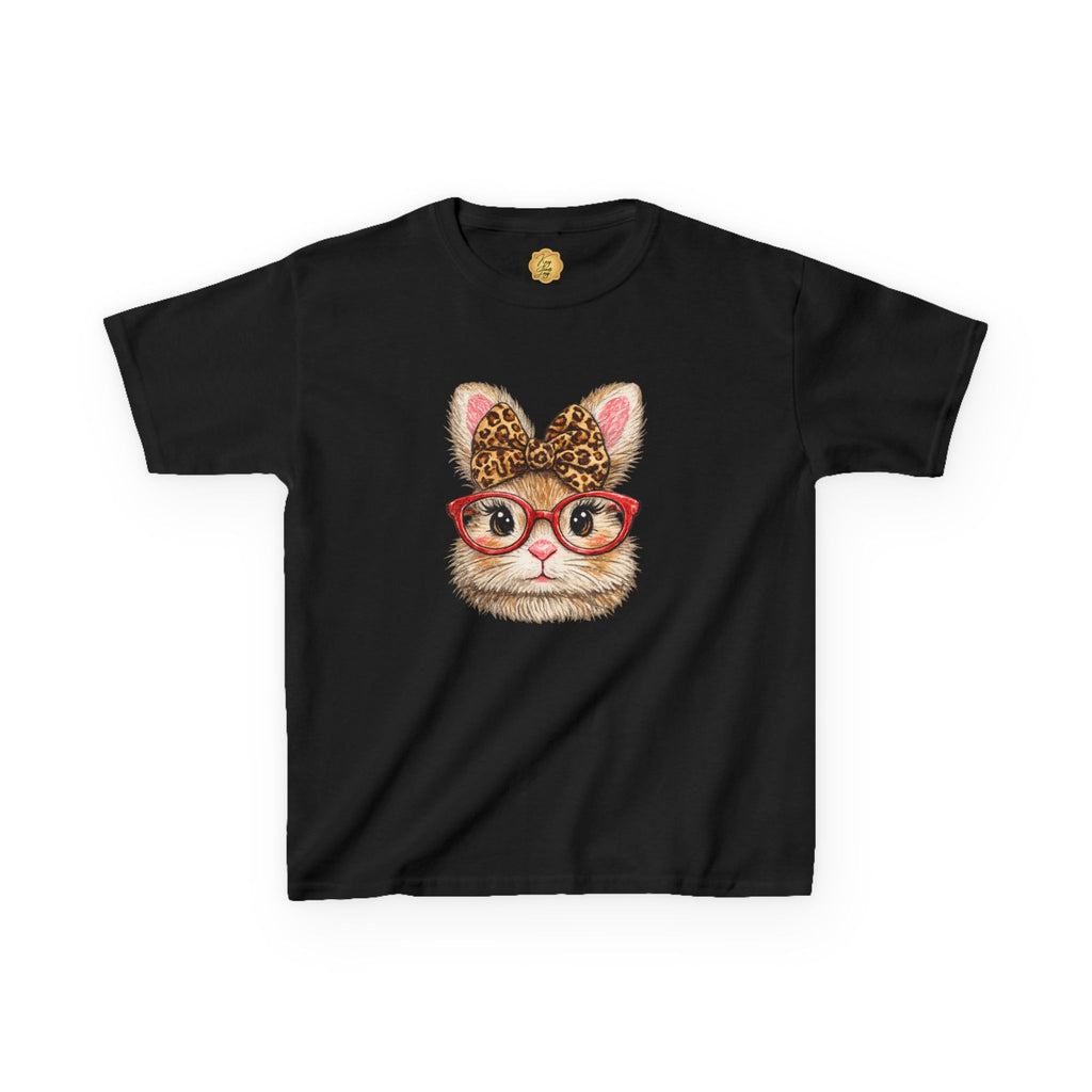 Black t-shirt with a graphic design featuring a Bunny with red glasses and a leopard print bow, on a white background