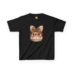 Black t-shirt with a graphic design featuring a Bunny with red glasses and a leopard print bow, on a white background