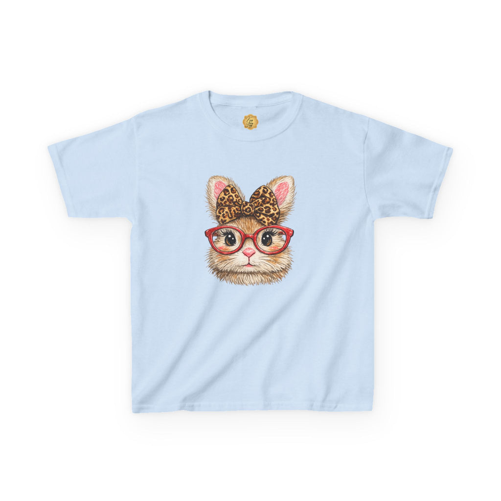 Light Blue t-shirt with a graphic design featuring a Bunny with red glasses and a leopard print bow, on a white background