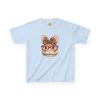Light Blue t-shirt with a graphic design featuring a Bunny with red glasses and a leopard print bow, on a white background
