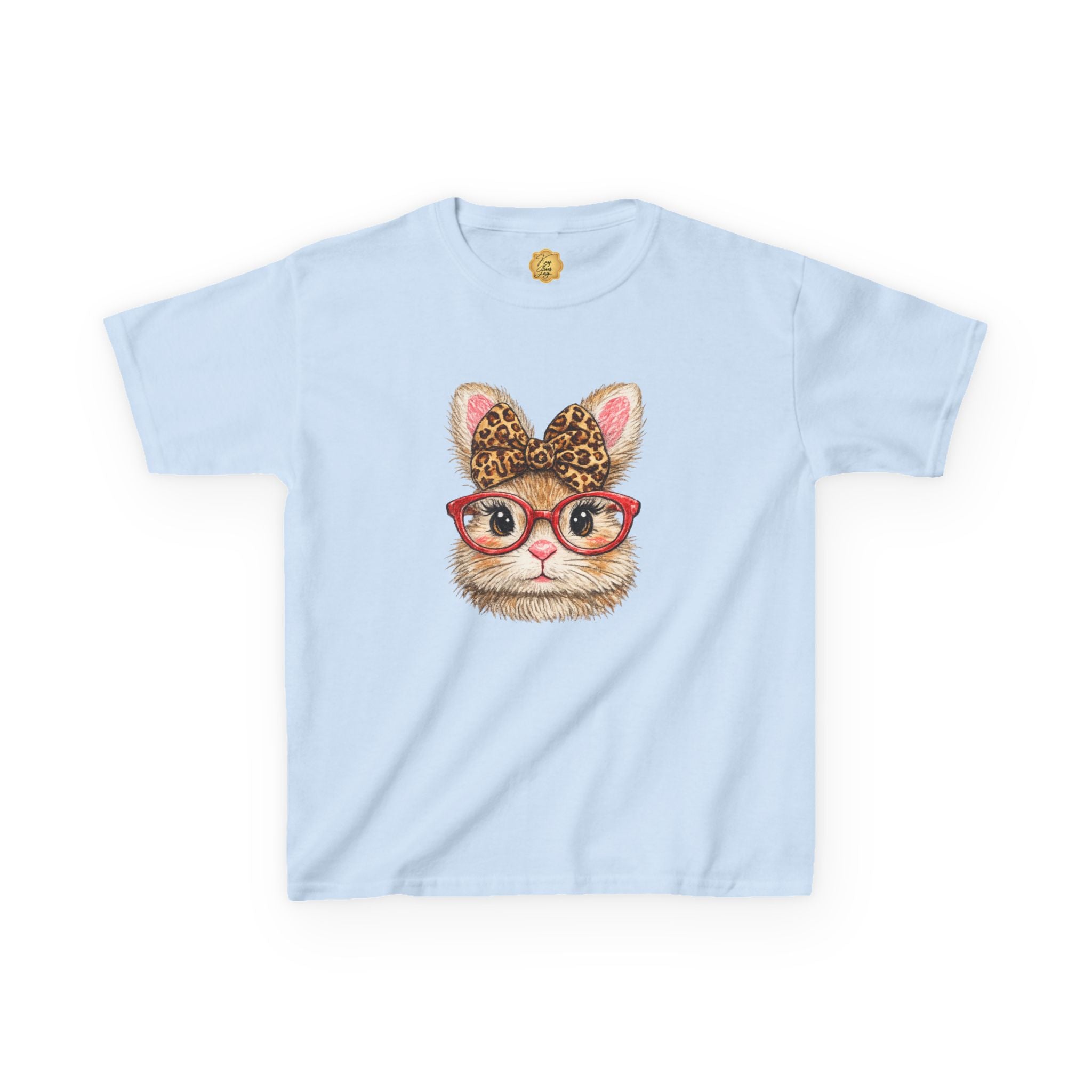 Light Blue t-shirt with a graphic design featuring a Bunny with red glasses and a leopard print bow, on a white background