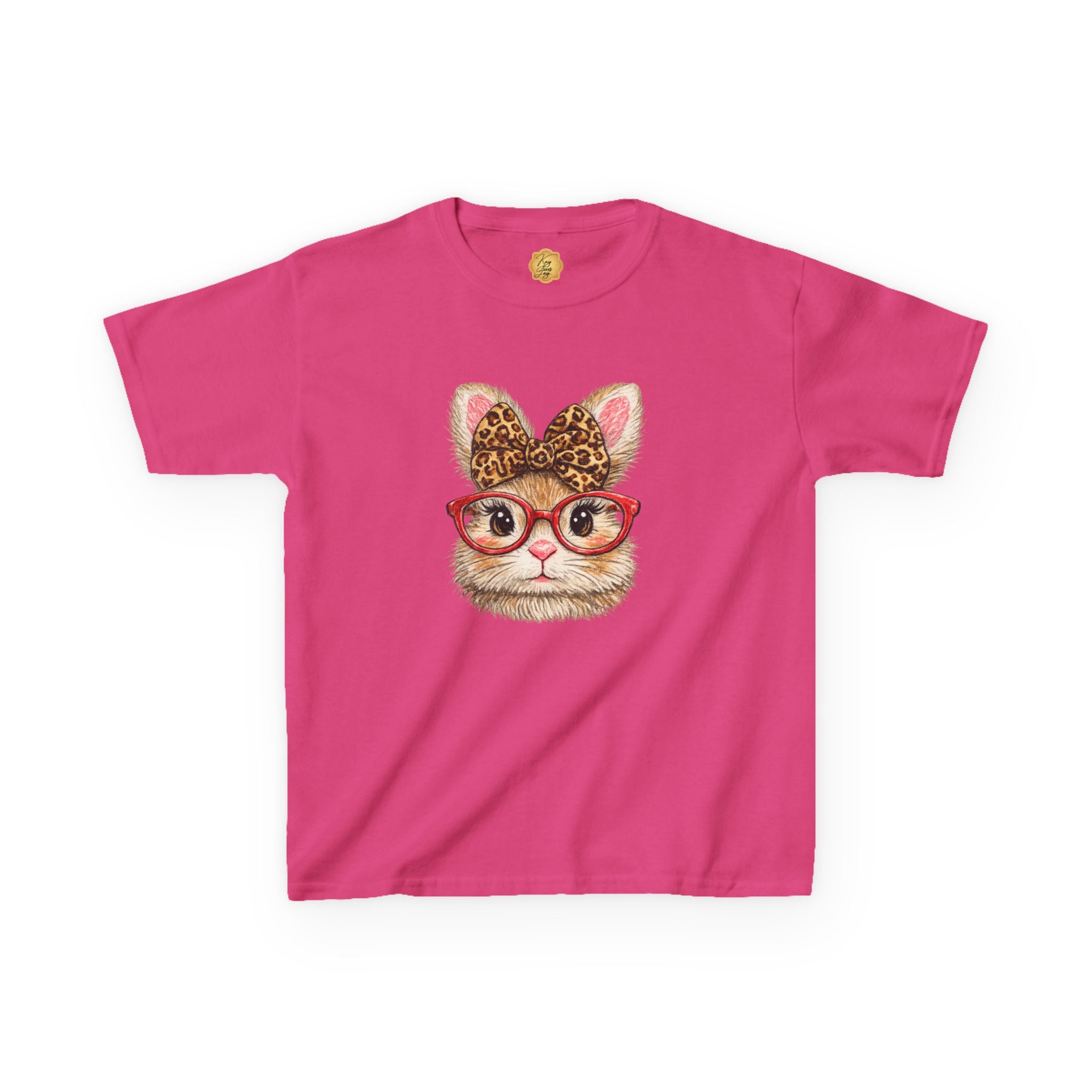 Dark Pink t-shirt with a graphic design featuring a Bunny with red glasses and a leopard print bow, on a white background
