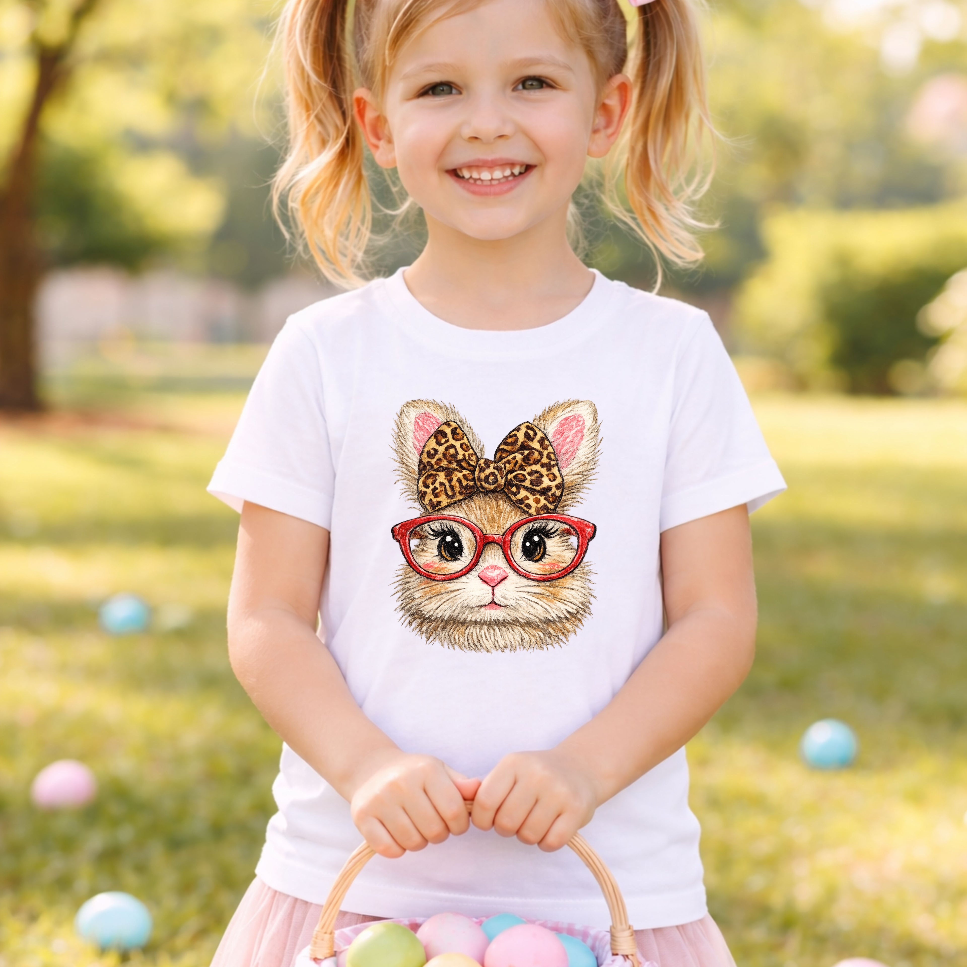Child wearing a t-shirt with a bunny graphic, standing outdoors with Easter eggs on the ground.