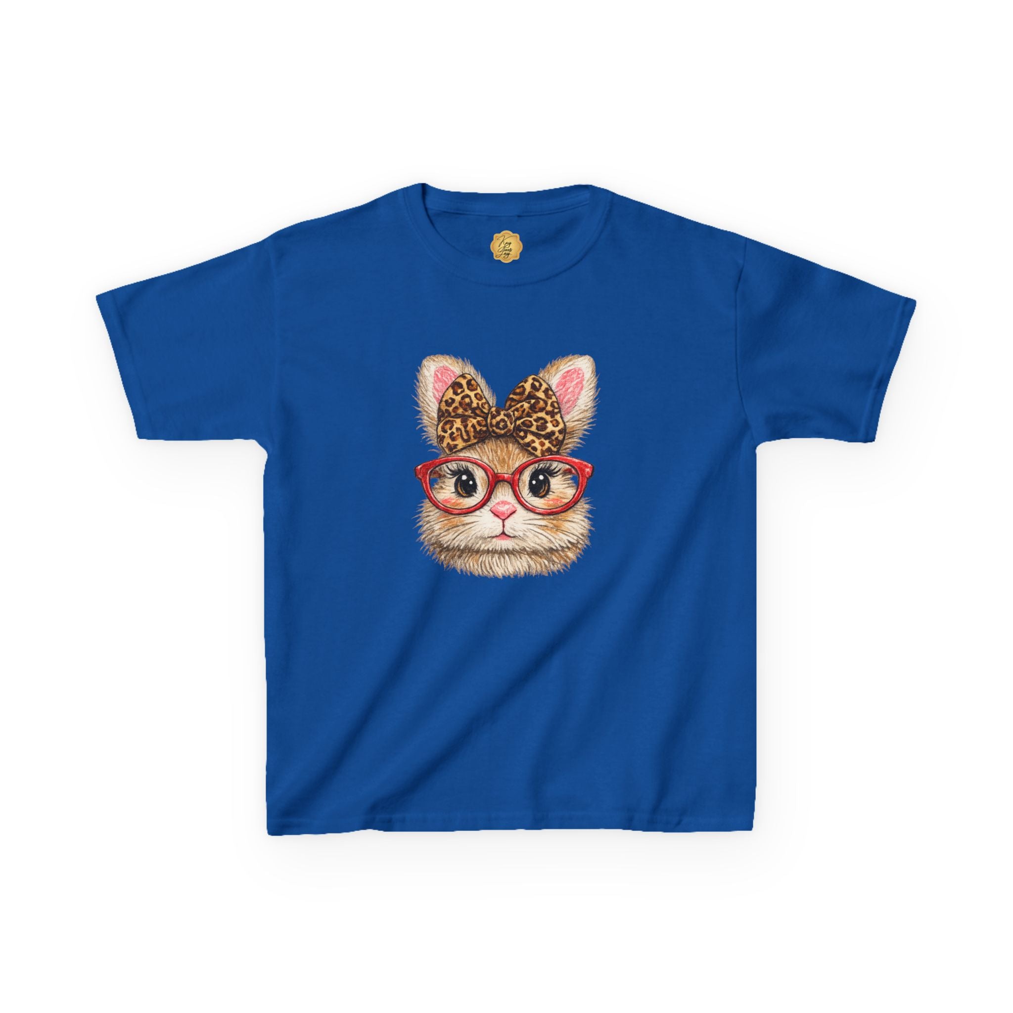 Royal Blue t-shirt with a graphic design featuring a Bunny with red glasses and a leopard print bow, on a white background
