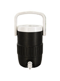 Black water cooler jug with white handle on a wooden surface outdoors