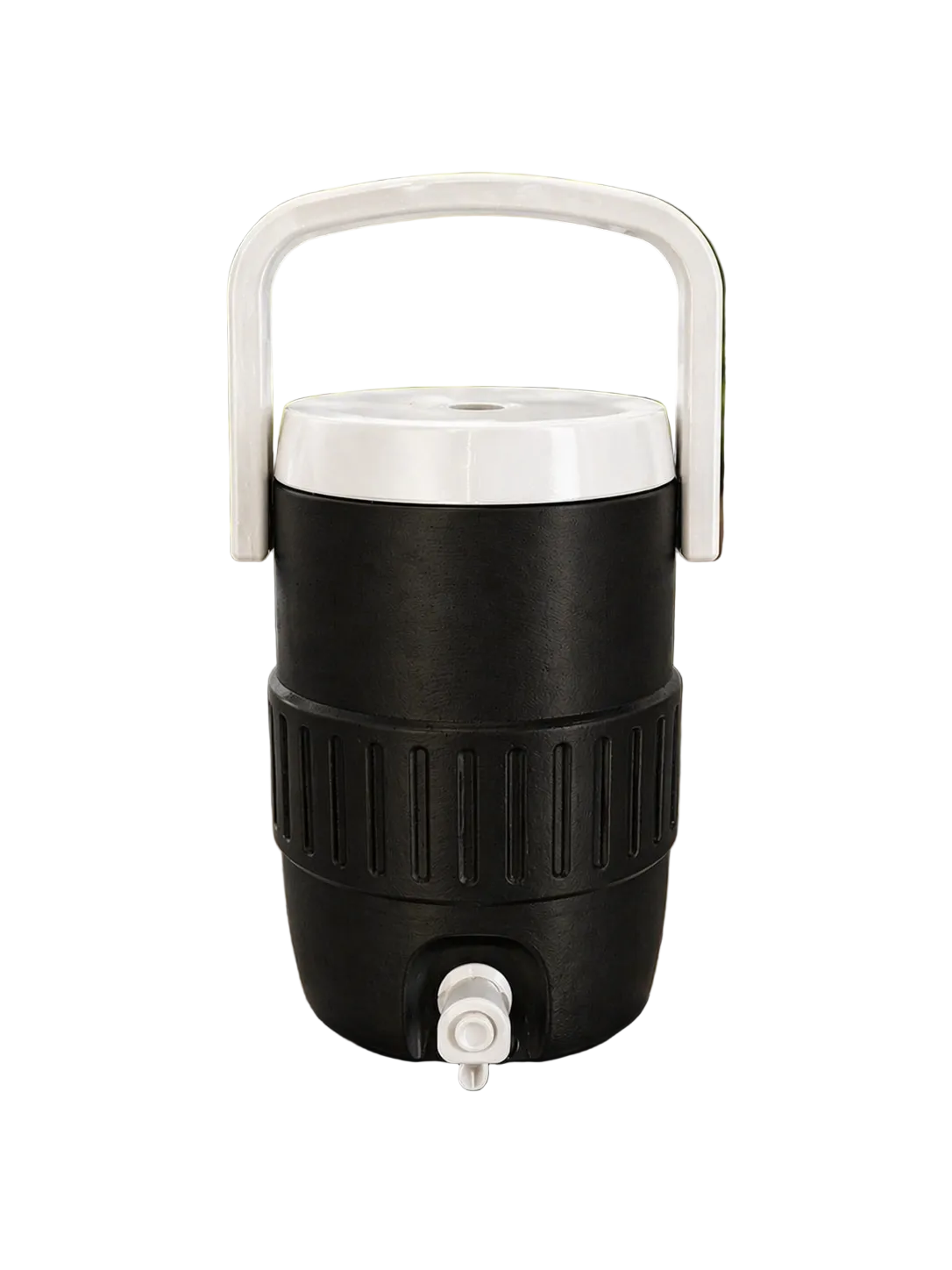 Black water cooler jug with white handle on a wooden surface outdoors