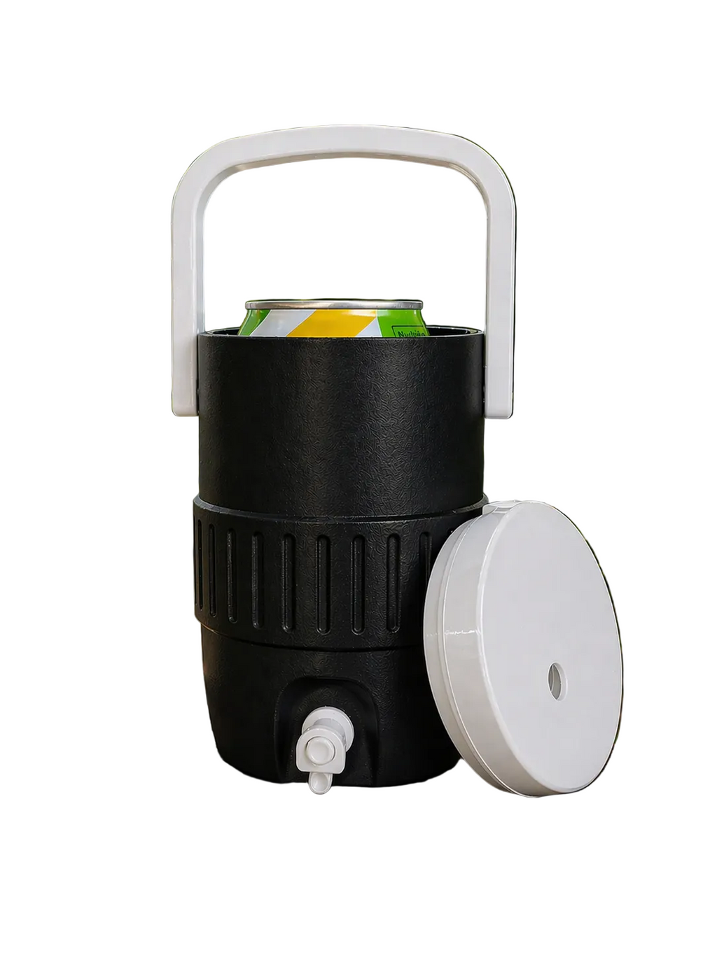 Black cooler with white handle and spout on a wooden table outdoors.