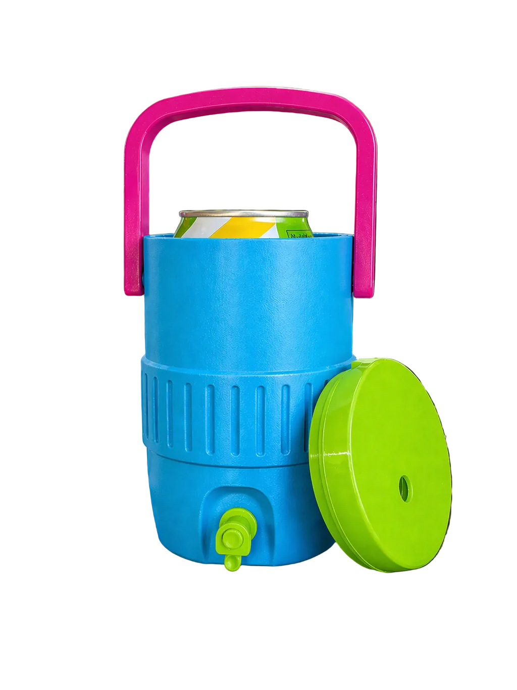 Blue cooler with pink handle and green lid on a wooden table outdoors.