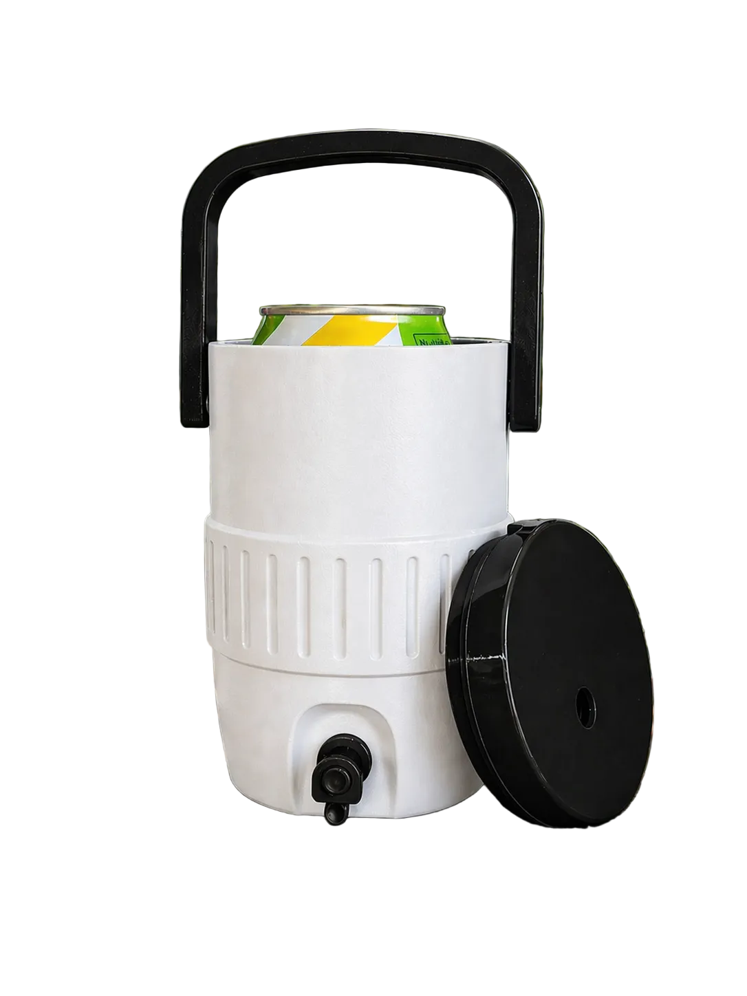 White cooler with black handle and lid on a wooden table outdoors