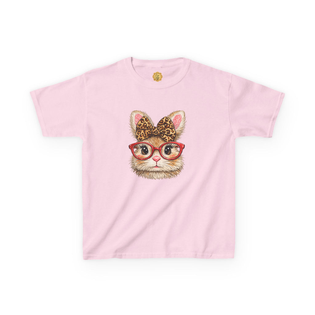 Litte Pink t-shirt with a graphic design featuring a Bunny with red glasses and a leopard print bow, on a white background