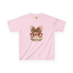 Litte Pink t-shirt with a graphic design featuring a Bunny with red glasses and a leopard print bow, on a white background